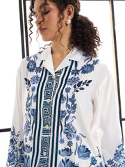 Women White & Blue Floral Lounge Shirt With Pants