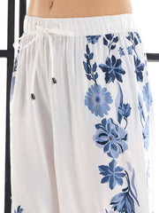 Women White & Blue Floral Lounge Shirt With Pants