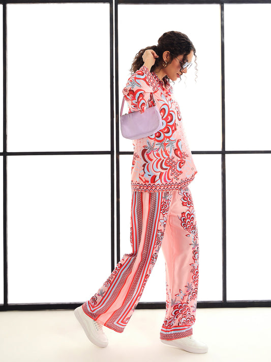 Women Pink & Red Floraled Lounge Shirt With Pants