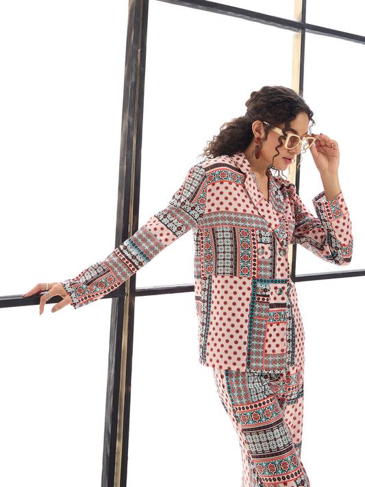 Women Peach Geometric Lounge Shirt With Pants