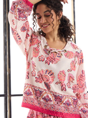 Women White & Pink Floral Top With Pants