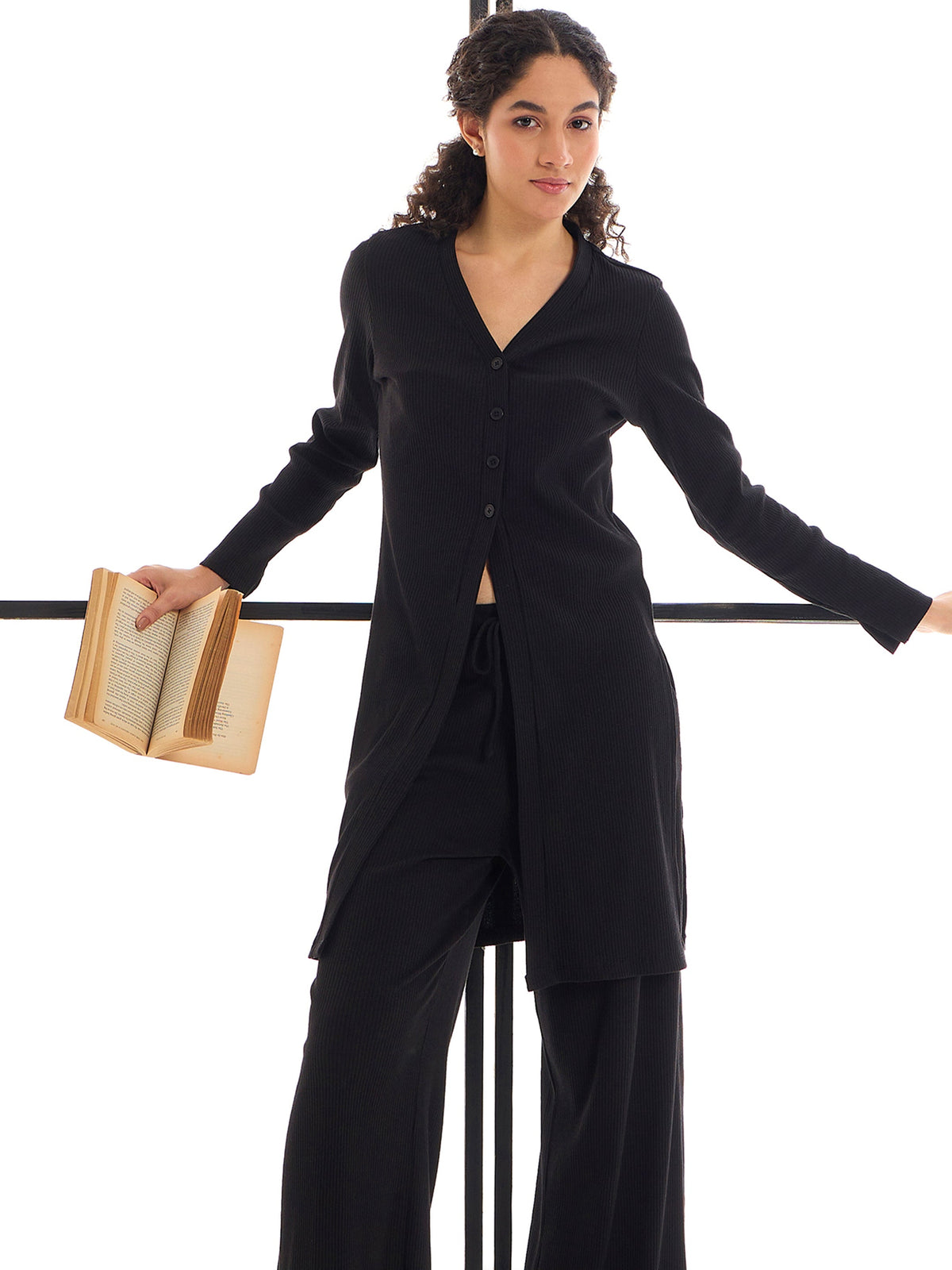 Women Black Rib Button Shrug With Lounge Pants