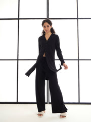 Women Black Rib Button Shrug With Lounge Pants