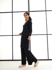 Women Black Rib Button Shrug With Lounge Pants