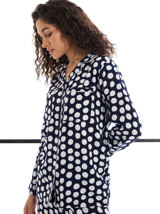 Women Blue & White Polka Dot Lounge Shirt With Pants