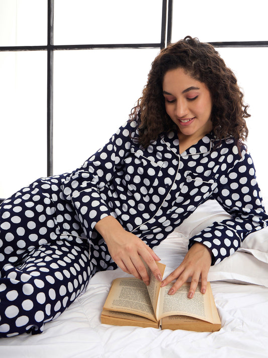 Women Blue & White Polka Dot Lounge Shirt With Pants