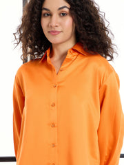 Women Orange Satin Lounge Shirt With Pants