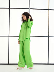 Women Green Satin Lounge Shirt With Pants