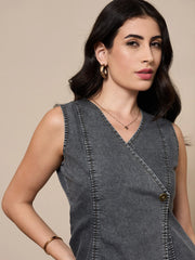 Women Black Washed Tencel Vest Top With Pants