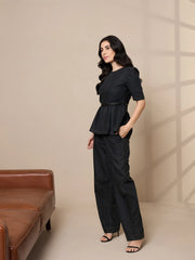 Women Black Tencel Peplum Top With Straight Pants