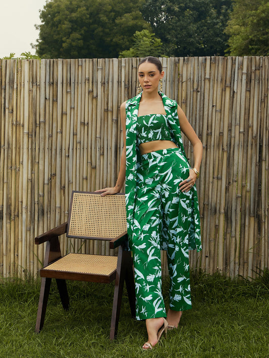 Women Green & White Floral Bustier, Pant & Shrug