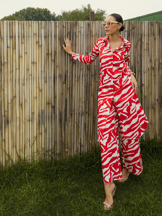 Women Red & White Printed Long Straight Shirt With Pants