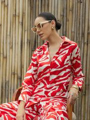 Women Red & White Printed Long Straight Shirt With Pants