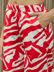 Women Red & White Printed Long Straight Shirt With Pants