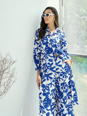 Women Blue & White Floral Long Straight Shirt With Pant