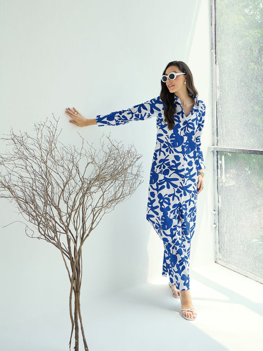 Women Blue & White Floral Long Straight Shirt With Pant