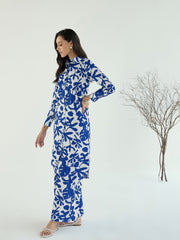 Women Blue & White Floral Long Straight Shirt With Pant