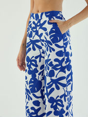 Women Blue & White Floral Long Straight Shirt With Pant