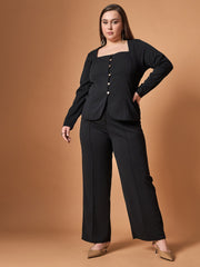 Women Black Front Button Top With Straight Pants