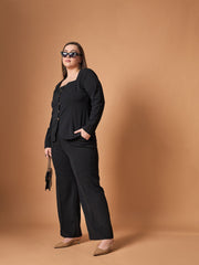 Women Black Front Button Top With Straight Pants