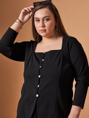 Women Black Front Button Top With Straight Pants