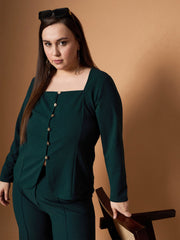 Women Emerald Green Front Button Top With Straight Pants