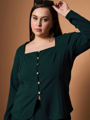 Women Emerald Green Front Button Top With Straight Pants