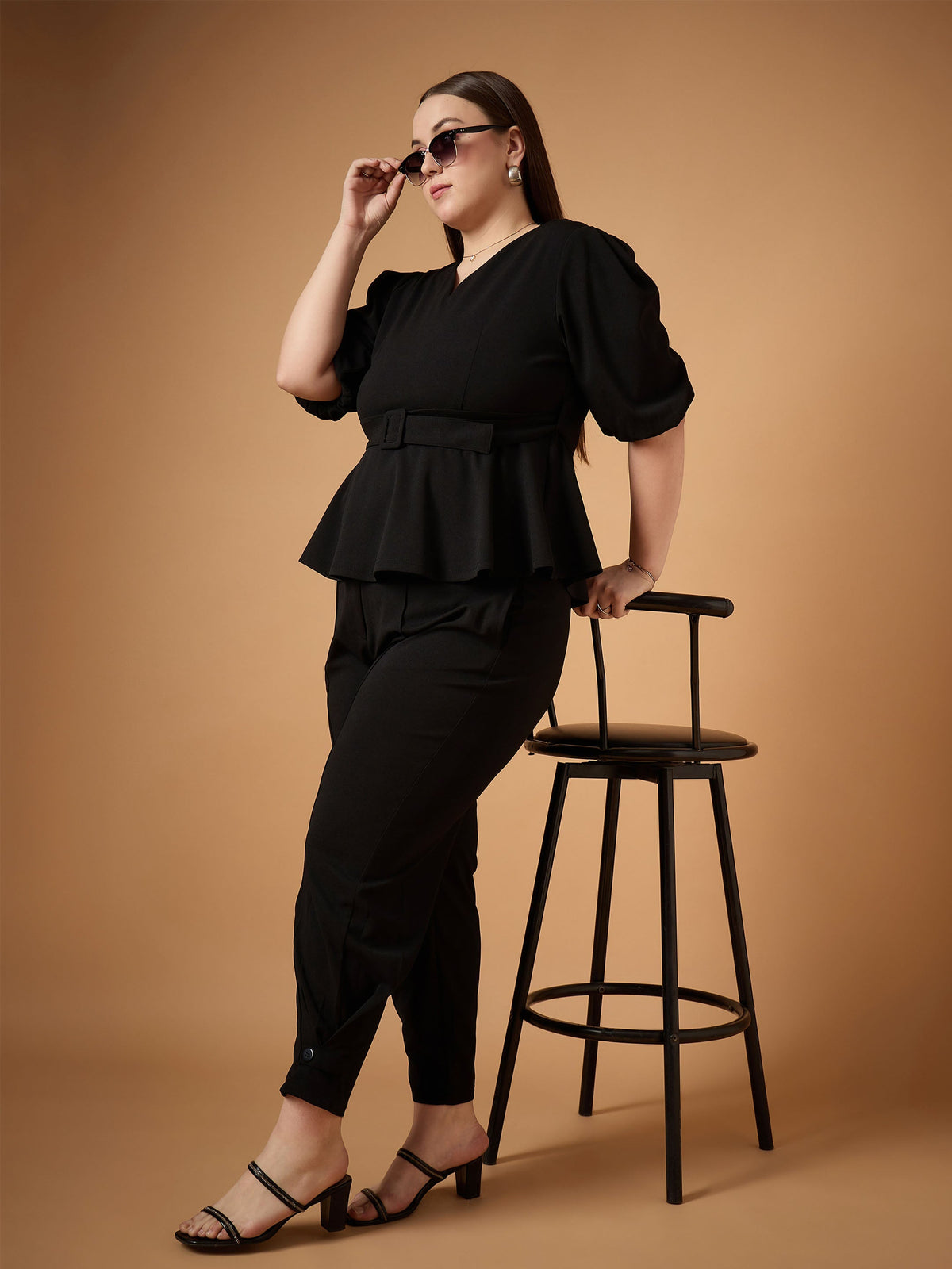 Women Black Solid Peplum Top With Straight Pants