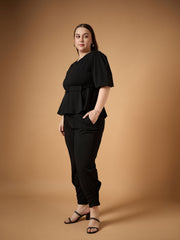 Women Black Solid Peplum Top With Straight Pants