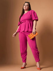 Women Fuchsia Solid Peplum Top With straight Pants