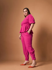 Women Fuchsia Solid Peplum Top With straight Pants