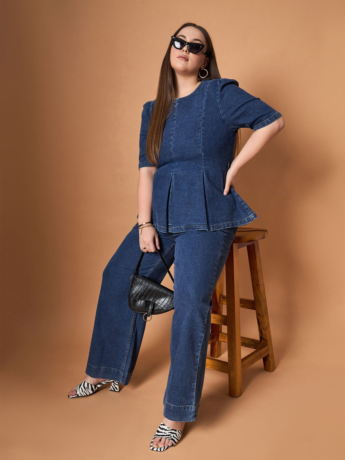 Women Navy Wash Denim Peplum Top With Straight Pants