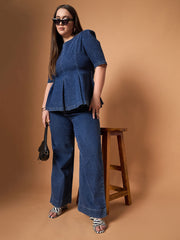 Women Navy Wash Denim Peplum Top With Straight Pants