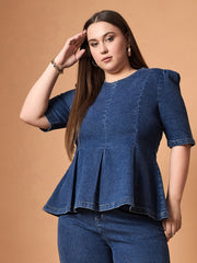 Women Navy Wash Denim Peplum Top With Straight Pants