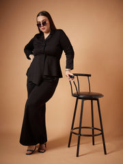 Women Black Ruched Sleeves Blazer With Straight Pants