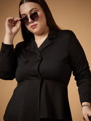 Women Black Ruched Sleeves Blazer With Straight Pants