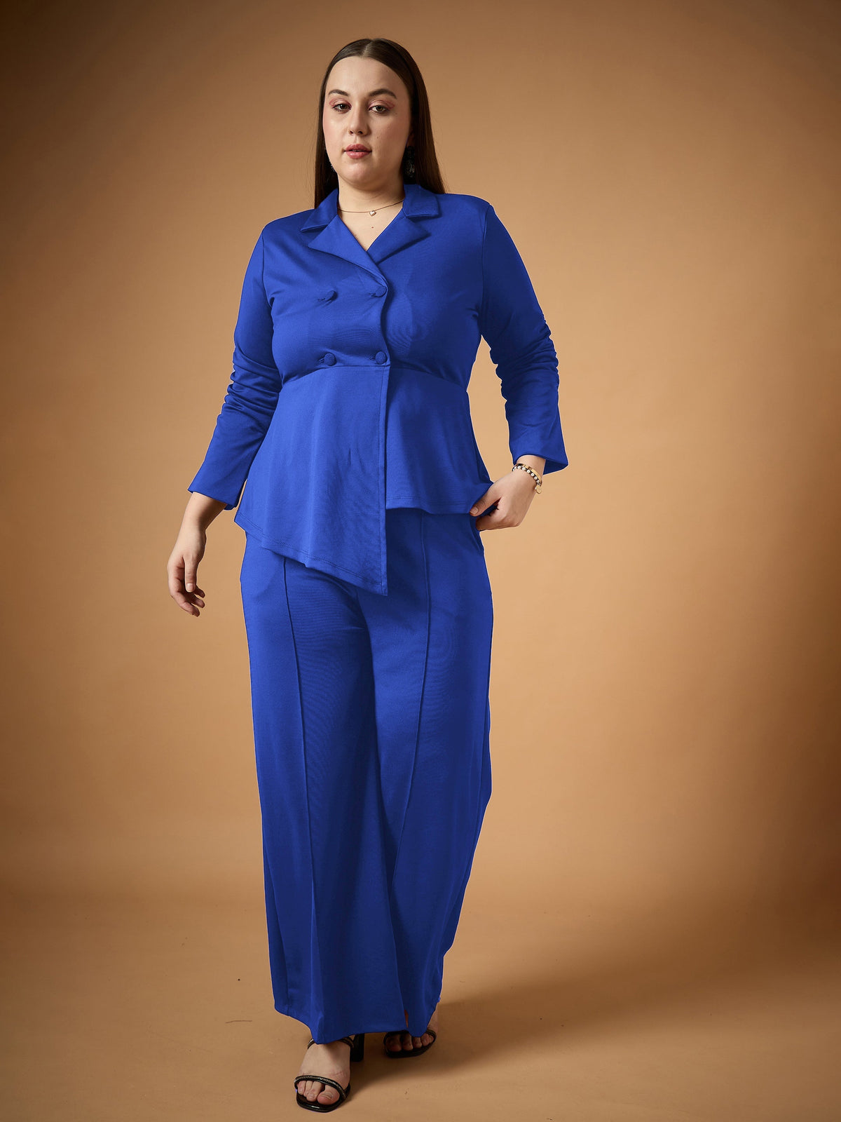 Women Royal Blue Ruched Blazer With Straight Pants