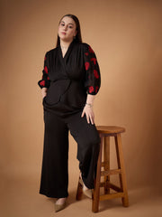 Women Black Embroidery Sleeves Top with Straight Pants