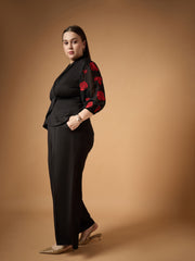 Women Black Embroidery Sleeves Top with Straight Pants