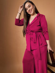 Women Fuchsia Knotted Wrap Top With Straight Pants