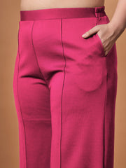 Women Fuchsia Knotted Wrap Top With Straight Pants