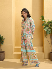 Women Beige Floral Border Print Shirt With Pants