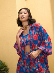 Women Navy Blue Floral Bustier With Shorts & Shrug