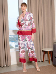 Women White Floral Notch Collar Shirt With Lounge Pants