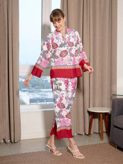 Women White Floral Notch Collar Shirt With Lounge Pants