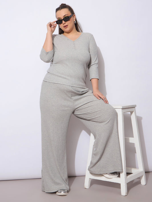 Women Grey Rib Straight Pants With V Neck Top