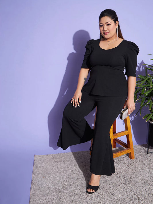 Women Black Peplum Top With Kick Pleats Pants