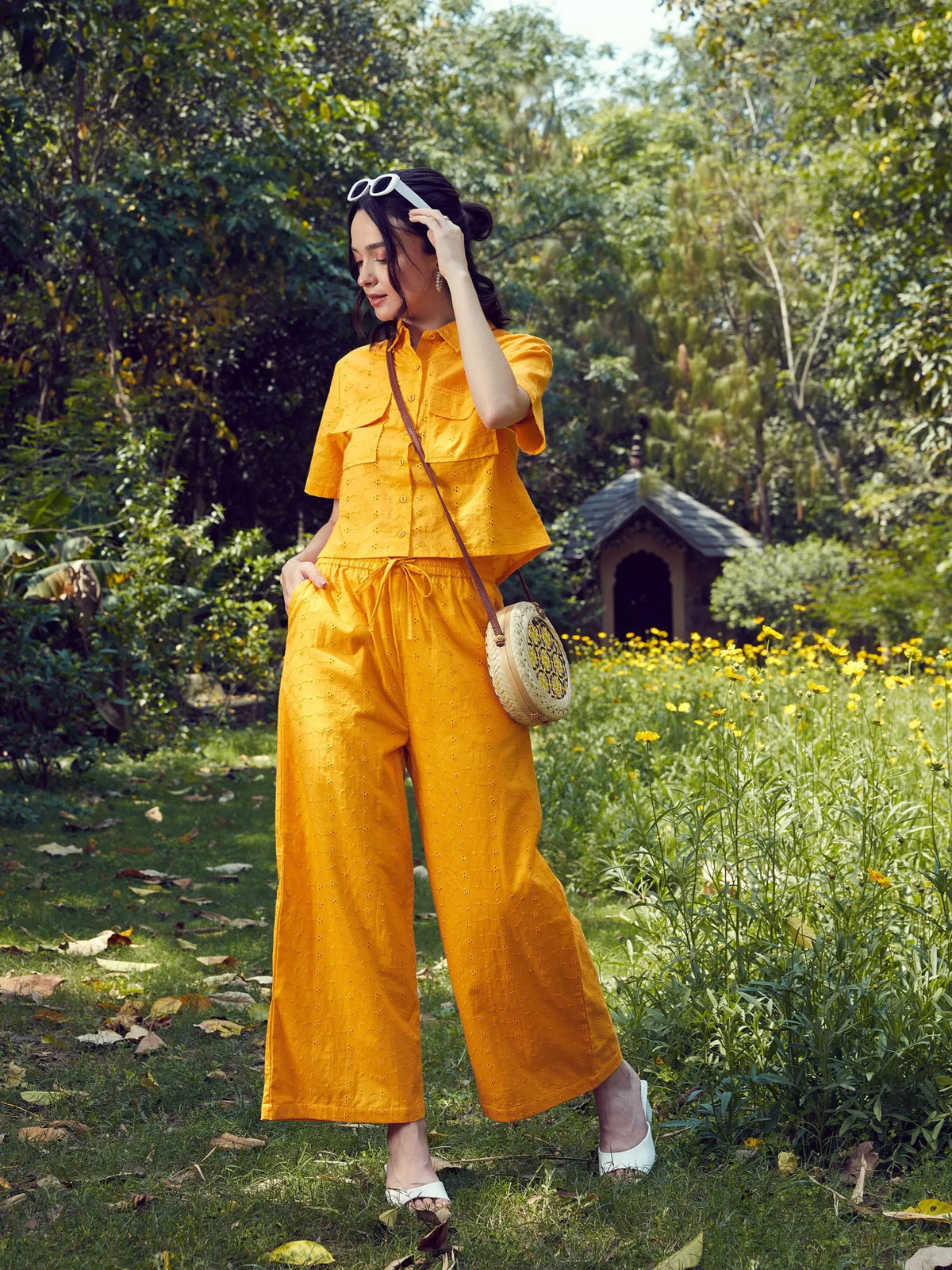 Women Mustard Schiffli Crop Shirt With Wide Leg Pants