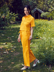 Women Mustard Schiffli Crop Shirt With Wide Leg Pants