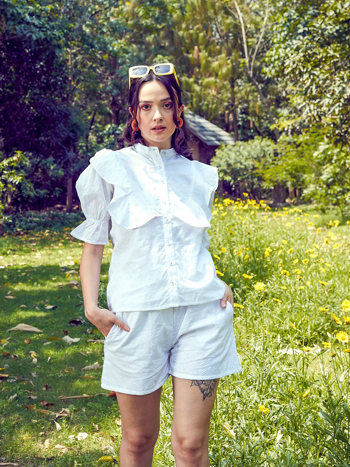 Women White Schiffli Puff Sleeves Shirt With Paperwaist Shorts